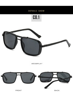 Detail view of square matte black aviator sunglasses with double bridge and textured arms