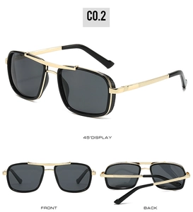 Detailed multi-angle views of square double-bridge punk sunglasses with gold metal frames
