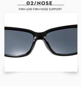 Détail du support de nez stable et de la monture noire brillante de ces lunettes de soleil