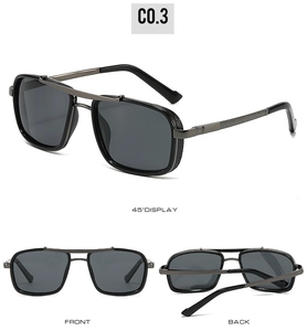Retro square aviator sunglasses with double bridge and metal mesh side shields