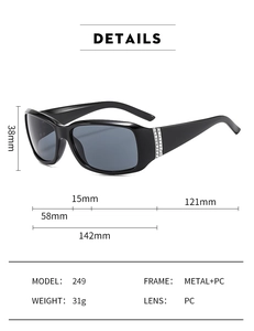 Détail de lunettes de soleil ovales avec branches ornées de strass et monture métal PC