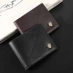 Slim men's bifold wallets in black and brown pebble leather with X-shaped cross stitching