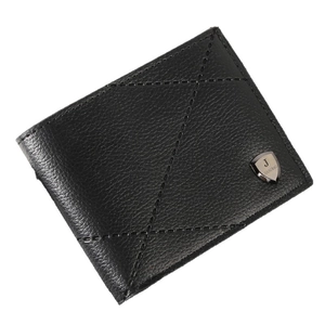Slim black leather bi-fold men's wallet with diagonal stitching and shield logo plate