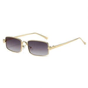 Retro rectangle sunglasses with gold metal frame and panther head detail on the temples