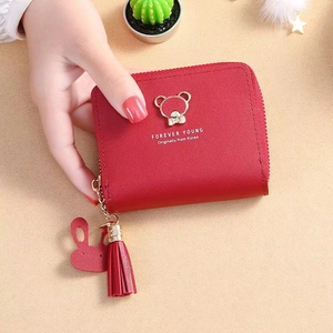 Small Short Zipper Wallet Women PU Leather Cute Bear Tassel Rabbit Pendant Card Holder Coin Purse Student Korean Style