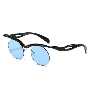 Fashionable round sunglasses with wave-shaped black frames and blue UV400 lenses