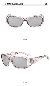 Détail de lunettes de soleil ovales marbre C6 avec verres argentés et strass sur branches