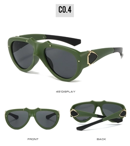 Three-angle view of army green matte cat-eye sunglasses with dark lenses and gold shield trim