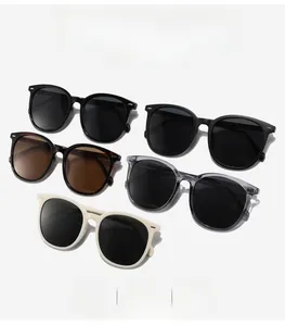 Flat lay of five assorted colors of TR90 oval polarized sunglasses on white background