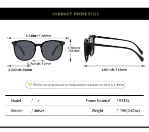 Size chart for unisex TR90 oval polarized sunglasses with metal frame dimensions