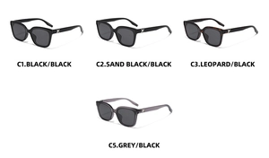 Multiple pairs of square polarized TR sunglasses in black, leopard, and grey finishes