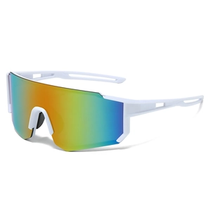 White semi-rimless Y2K sports sunglasses with rainbow mirrored lens for cycling