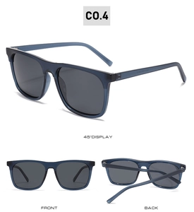 Lunettes de soleil carrées bleu foncé translucide avec verres polarisés sous divers angles