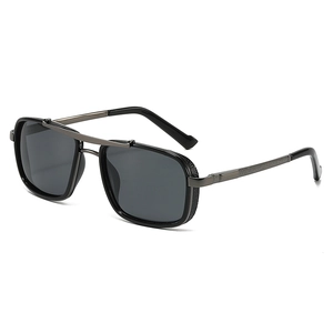 Men's square retro double bridge sunglasses with black frame and dark grey lenses