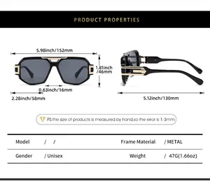 Detailed size chart showing metal sunglasses frame dimensions and unisex product specifications