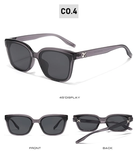 Three views of dark gray semi-transparent TR frame sunglasses with metal X detail