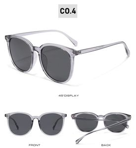 Three-view layout of TR90 oval polarized sunglasses showing front and side details