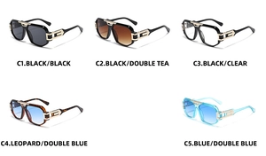 Detail view of square sunglasses in five stylish colors with metal hollow-out temples
