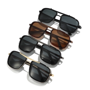 Retro square double bridge pilot sunglasses set in black, gold, and brown finishes