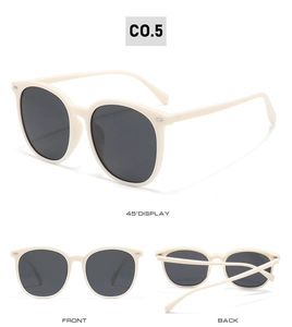 Detailed views of TR90 oval polarized sunglasses from front, back, and 45-degree angles
