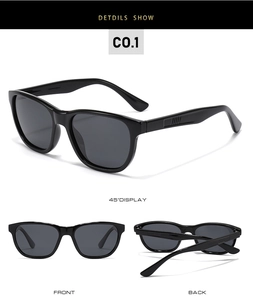 Three views of black polarized sunglasses featuring textured embossed temples for outdoor sports
