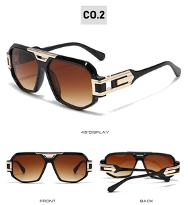 Three-view display of vintage pilot sunglasses with black frame and gold metal temples
