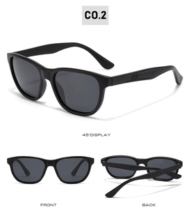 Three-way view of polarized rectangular sunglasses showing front, back, and 45-degree angle