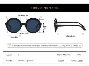 Detailed size chart for round hip-hop sunglasses with PC frame measurements and weight info