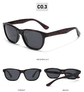 Detailed three-view shots of tortoise shell polarized sunglasses with non-slip temples