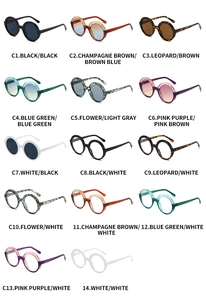 Collage of fourteen colorful round frame sunglasses and clear lens glasses