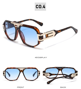 Three-view display of retro tortoise shell sunglasses with blue gradient lenses and gold trim