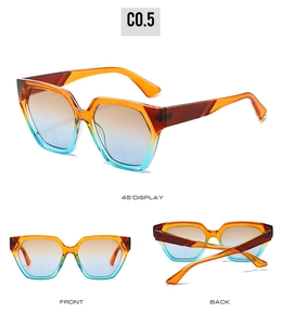 Drie weergaven van het geometrische polygoonmontuur en blauw-oranje verloopzonnebril