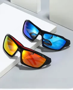 Detail of 2024 sports sunglasses with blue and orange polarized coating lenses and frame