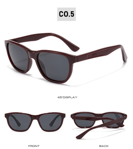 Three-angle display of burgundy square polarized sunglasses with dark lenses