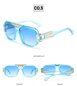 Front, back and 45-degree angle views of blue gradient irregular oversized sunglasses