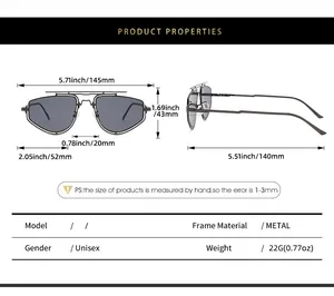 Detailed size chart for square metal sunglasses with precise dimensions in millimeters