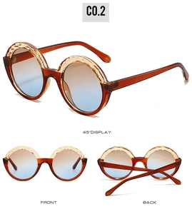 Front and back details of retro round amber sunglasses with textured frames and gradient lenses