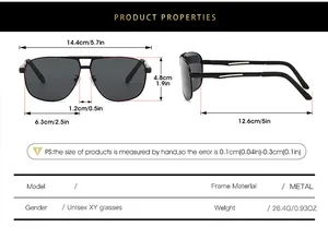 Tableau des tailles pour lunettes de soleil aviateur en métal avec dimensions détaillées