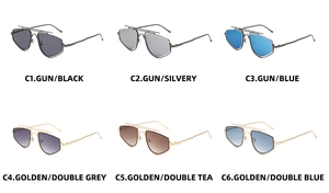 Detail view of hexagonal metal sunglasses in six colors with double bridge design