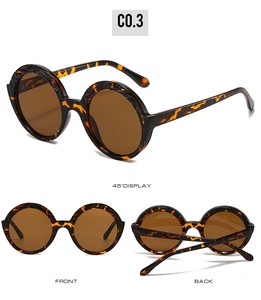 Detailed views of tortoise shell round sunglasses with dark brown lenses and UV protection