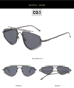 Detail view of double-bridge pilot sunglasses with gunmetal frame and dark grey lenses
