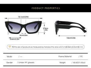 Detailed size chart for cat eye sunglasses showing PC frame dimensions and unisex design