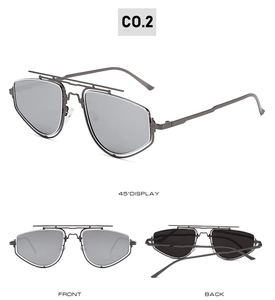 Three-angle display of gunmetal double-bridge aviator sunglasses with geometric frames