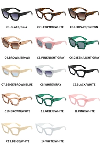 Matrix display of 14 colorful cat-eye sunglasses with detailed color coding and lens options