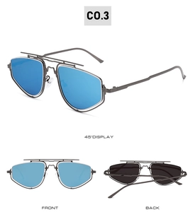 Detailed views of double-bridge sunglasses with gold frames and blue polarized lenses