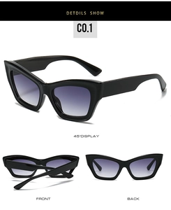 Three-angle view of black cat-eye sunglasses with thick frame and purple gradient lenses