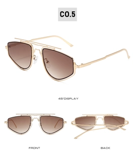 Detail view of gold double-bridge sunglasses with hex frames in front and back angles