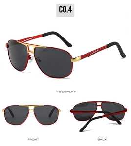 Affichage en trois vues de lunettes aviateur avec monture rouge-or et verres gris