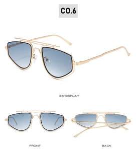 Golden double bridge sunglasses with blue gradient lenses shown from multiple angles