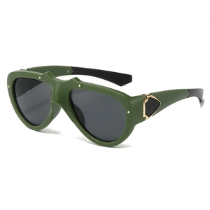 Retro olive green cat eye sunglasses with thick frames and gold arrow metal accents